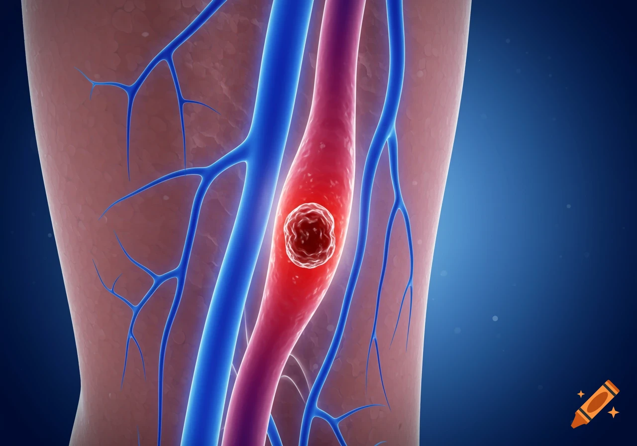A 3D medical illustration of deep vein thrombosis, showing a red blood clot obstructing a large vein next to a blue artery.