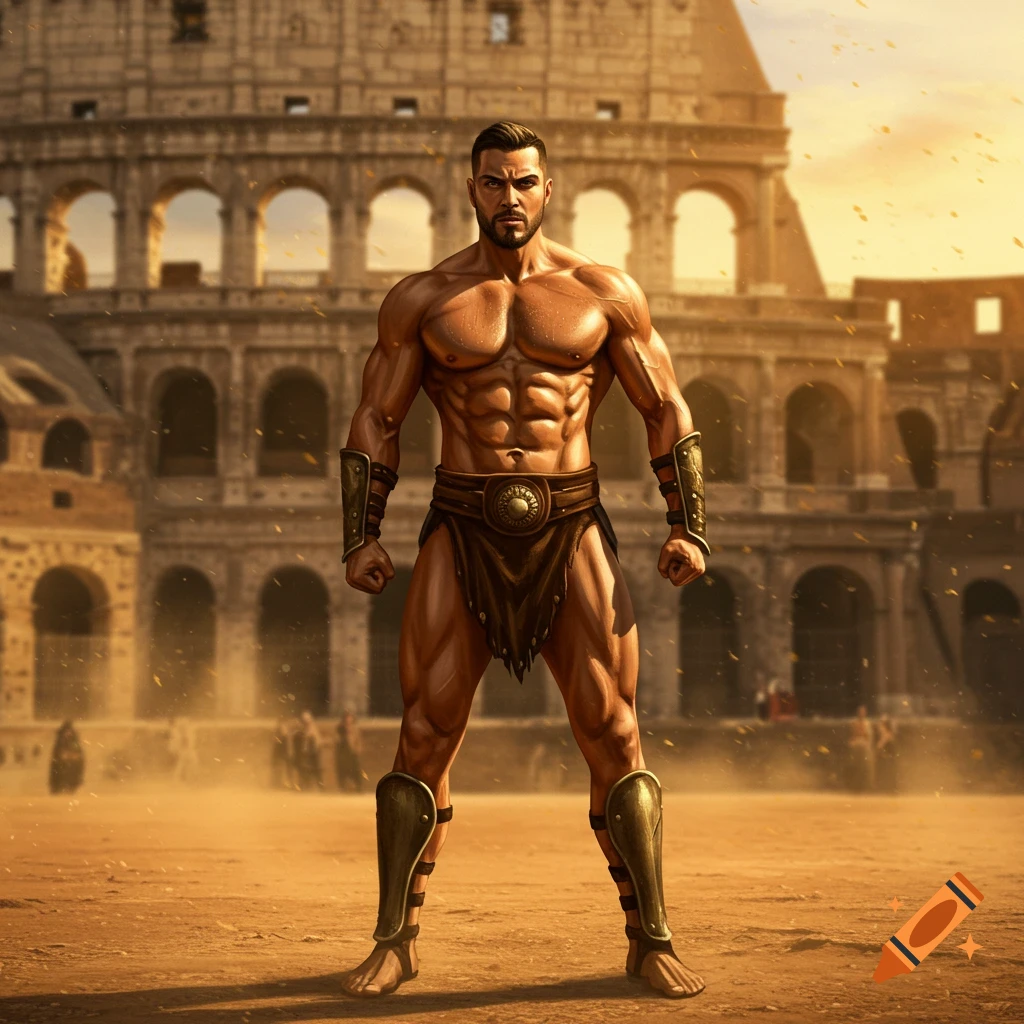 A muscular gladiator stands in a dusty arena with the Roman Colosseum in the background, bathed in golden light.