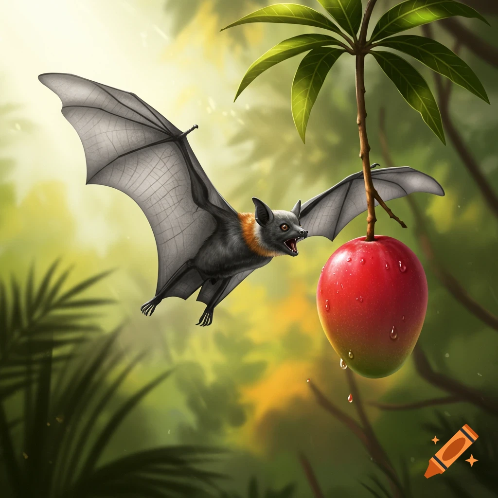 An illustrated bat flies towards a ripe red mango hanging from a tree in a lush jungle.