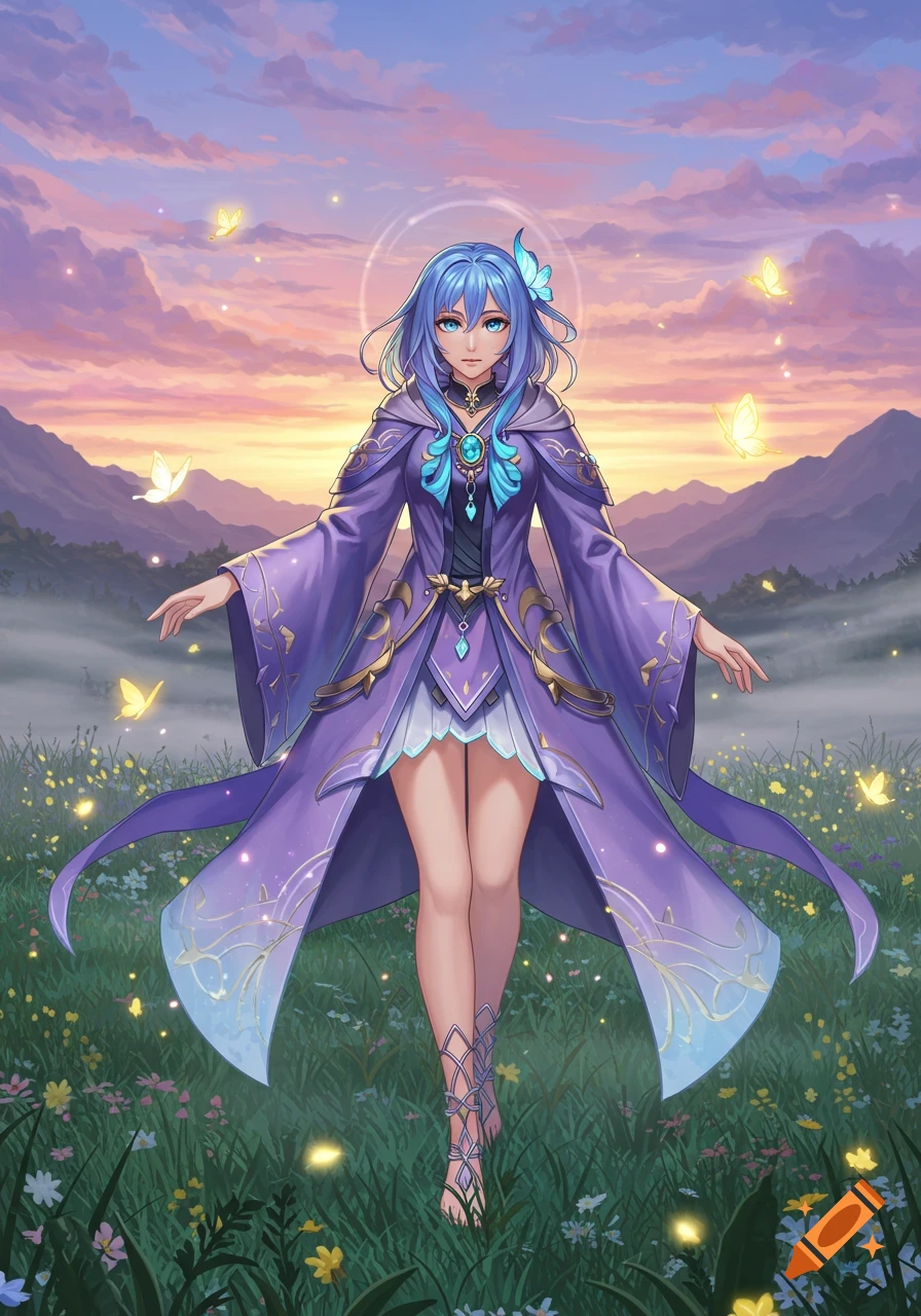 An anime fantasy illustration of a blue-haired girl in a purple robe, standing barefoot in a field of flowers with glowing butterflies at sunset.