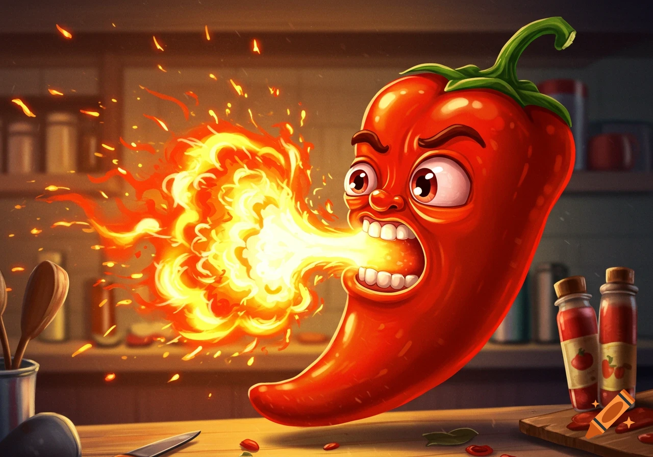 A vibrant cartoon red chili pepper with an angry face exhales a large burst of fire in a kitchen setting.