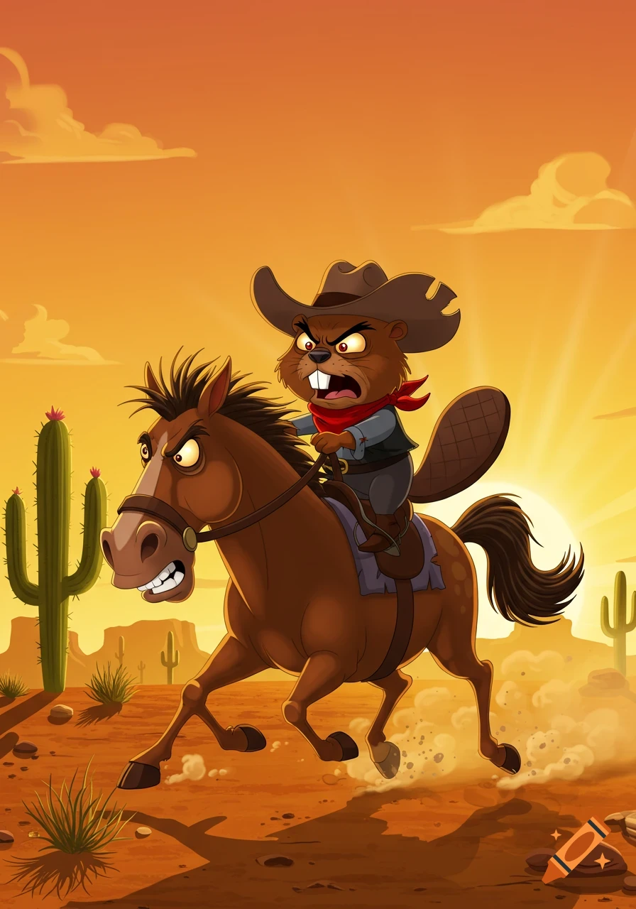 A cartoon angry beaver in a cowboy hat rides an equally angry horse through a desert at sunset.