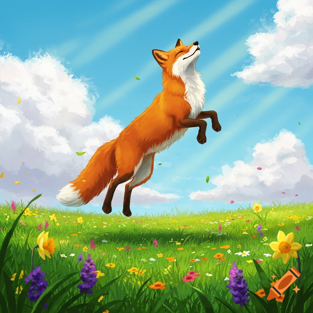 A happy orange fox with white fur on its chest and tail leaps joyfully in a vibrant green meadow filled with colorful wildflowers under a bright blue sky with fluffy white clouds, depicted in a digital illustration style.