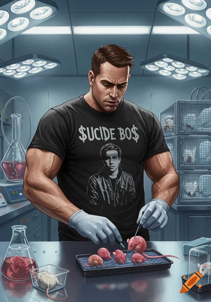 An illustration of a muscular man in a black t-shirt, wearing gloves, conducting experiments on pink and white mice in a science laboratory.