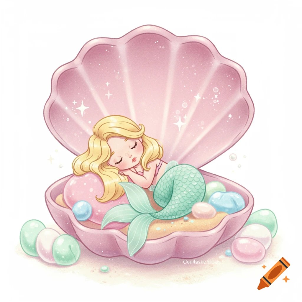 A cute blonde mermaid with a mint tail sleeps in a pink seashell with pastel pearls, in a Disney cartoon style.