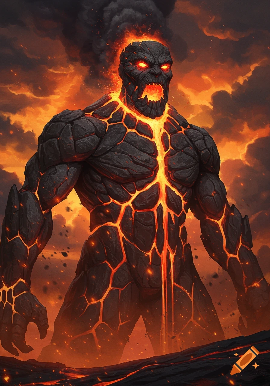 A towering, angry lava monster made of dark volcanic rock with glowing orange cracks and eyes, roaring in a fiery, smoke-filled volcanic landscape.
