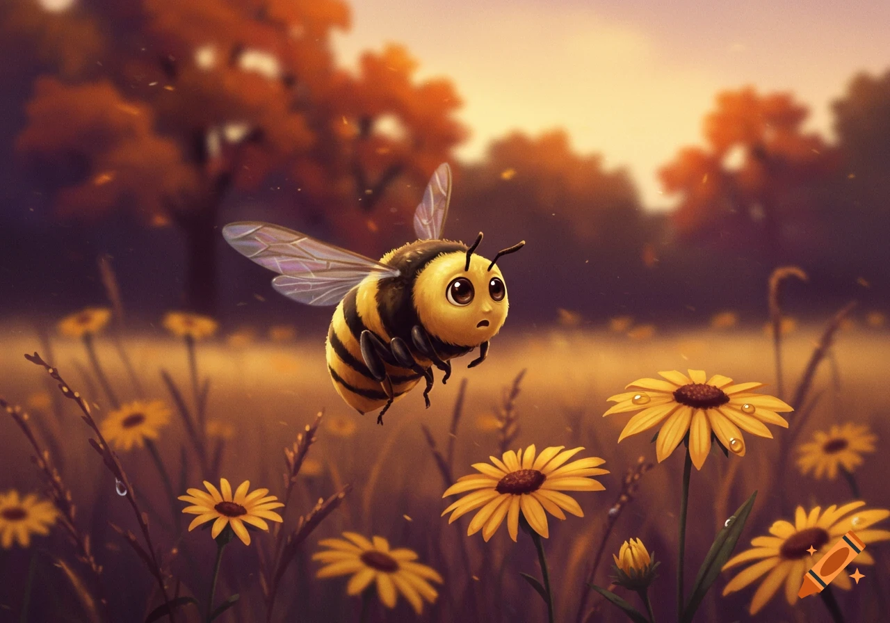 A worried cartoon bee with large eyes flies above yellow flowers in a warm-toned autumn field, digital art.