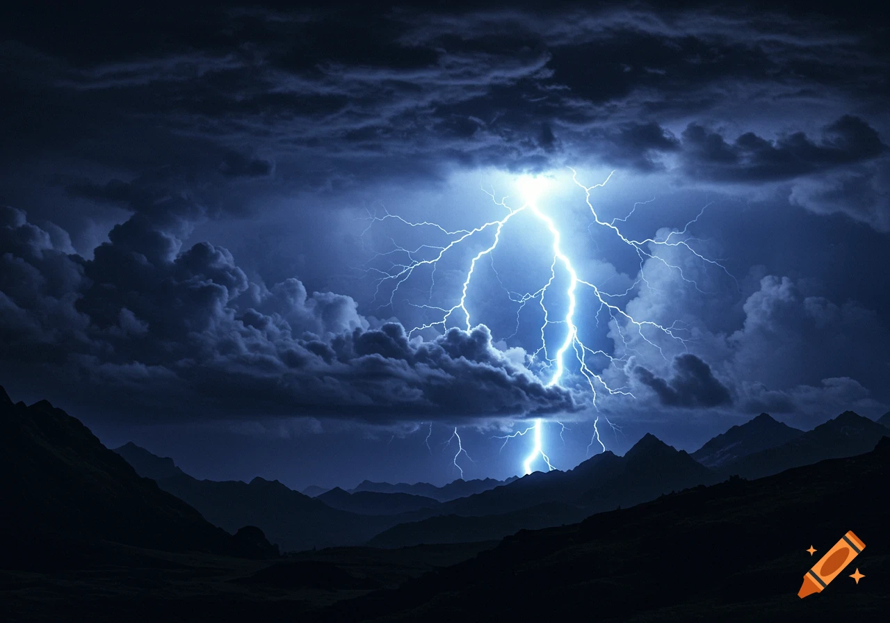 A dramatic lightning bolt illuminates a dark, stormy sky over silhouetted mountains at night.