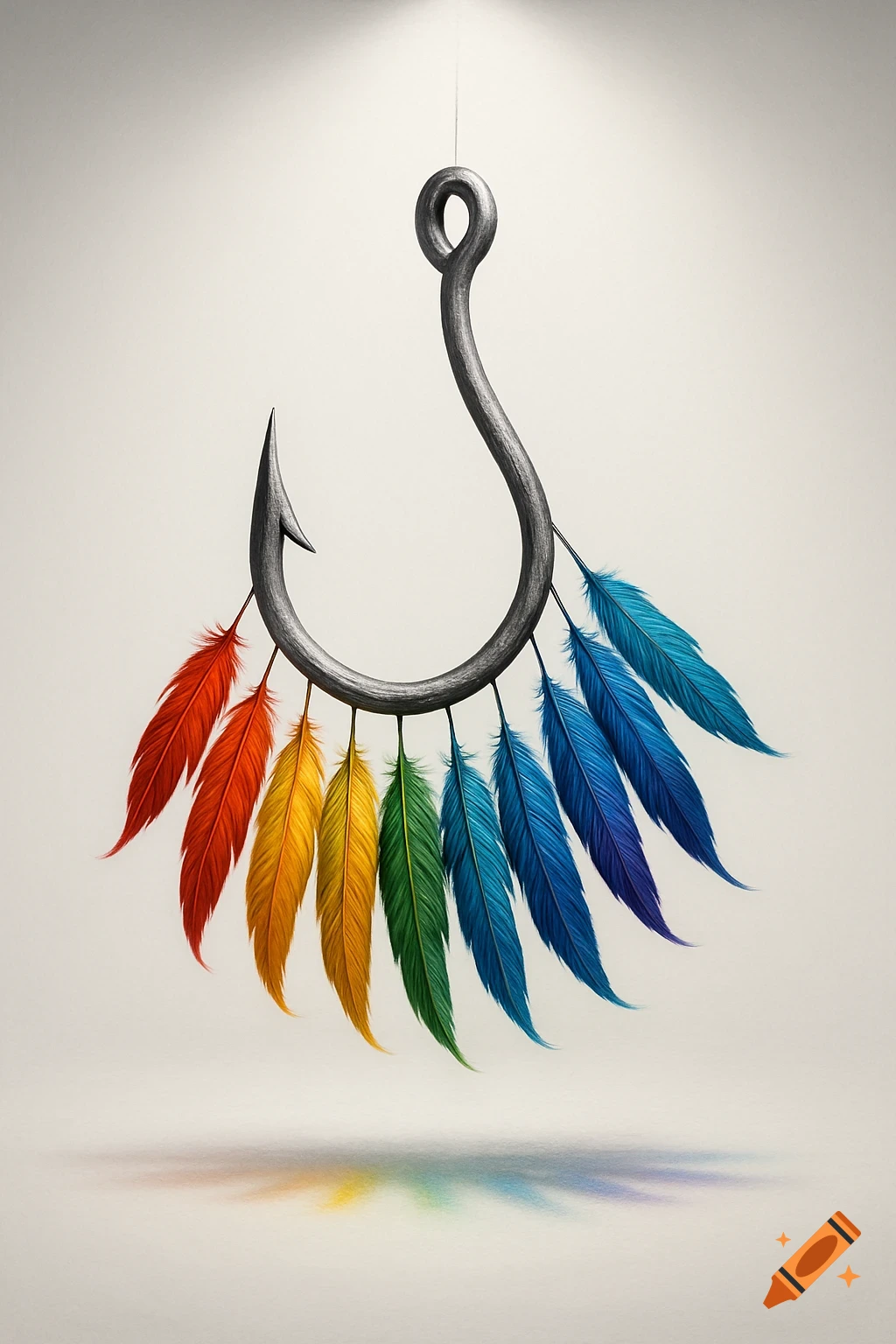 A silver fishing hook hangs, adorned with a fan of rainbow-colored feathers casting a vibrant shadow.
