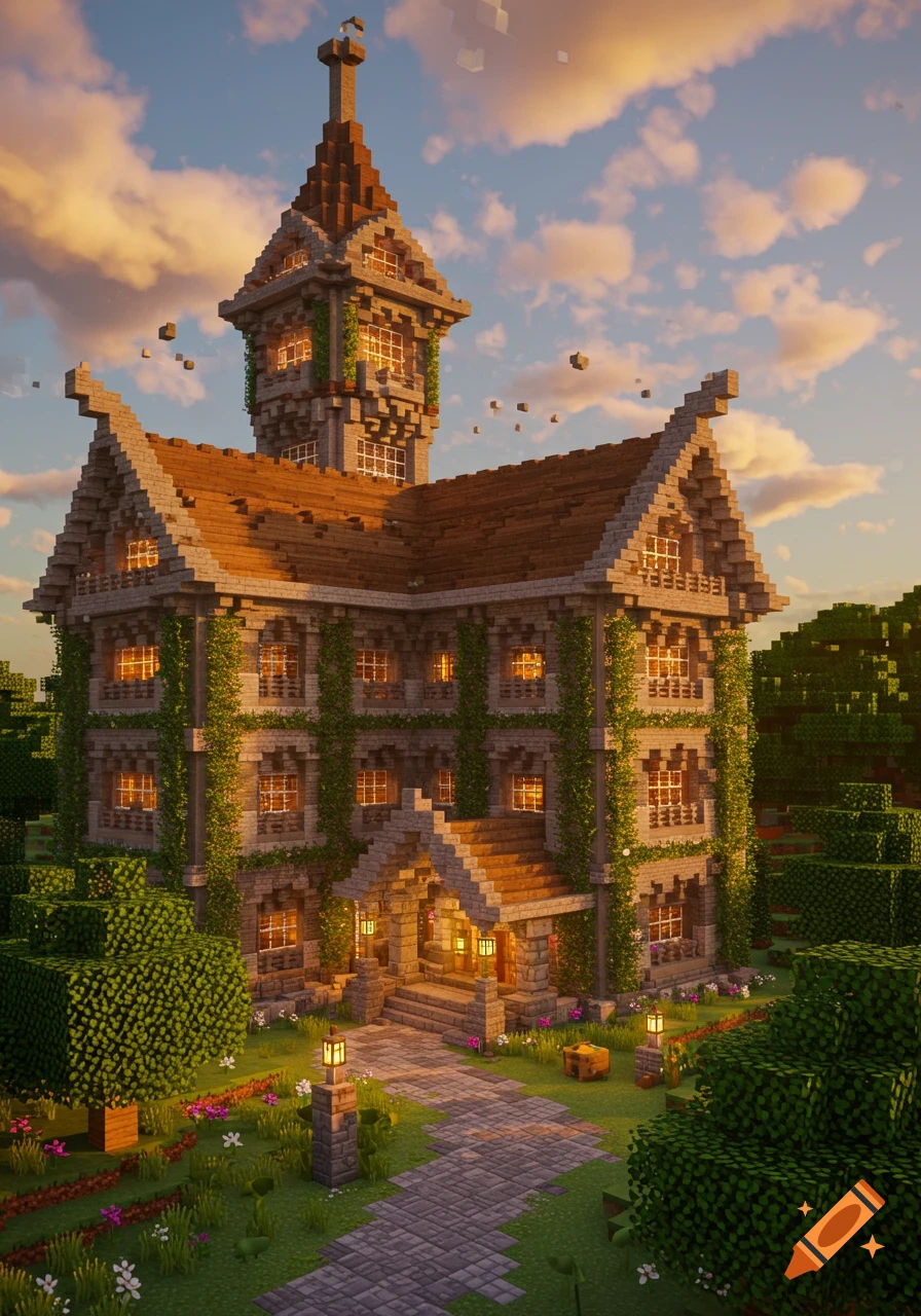 A blocky, detailed Minecraft-style mansion with a tall tower, many windows, and green vines, in a lush garden at sunset.
