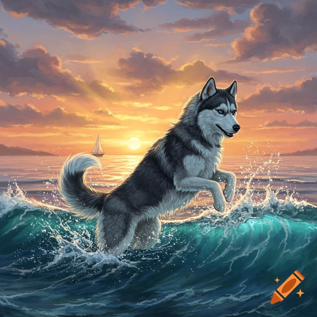 An illustrative husky dog jumps over an ocean wave during a vibrant sunset with a sailboat in the distance.