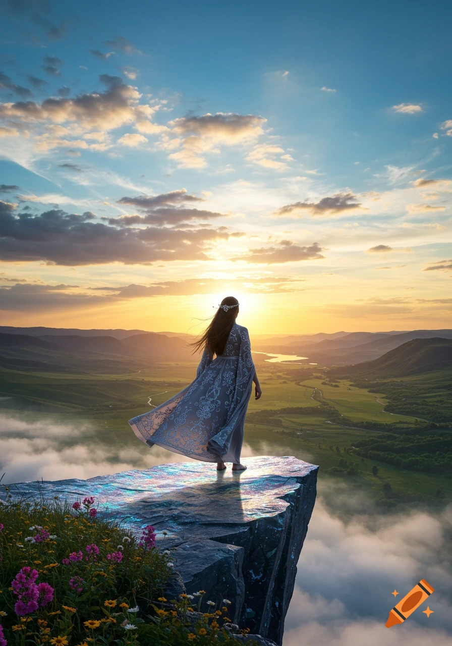 A woman in a flowing dress stands on a cliff edge, gazing at a vibrant sunset over a sprawling green valley and river.