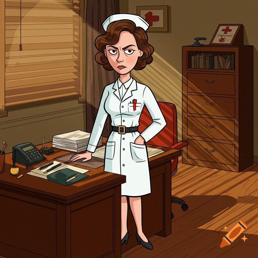 A stern cartoon female nurse in a white uniform stands in a vintage office with a desk and cabinet.