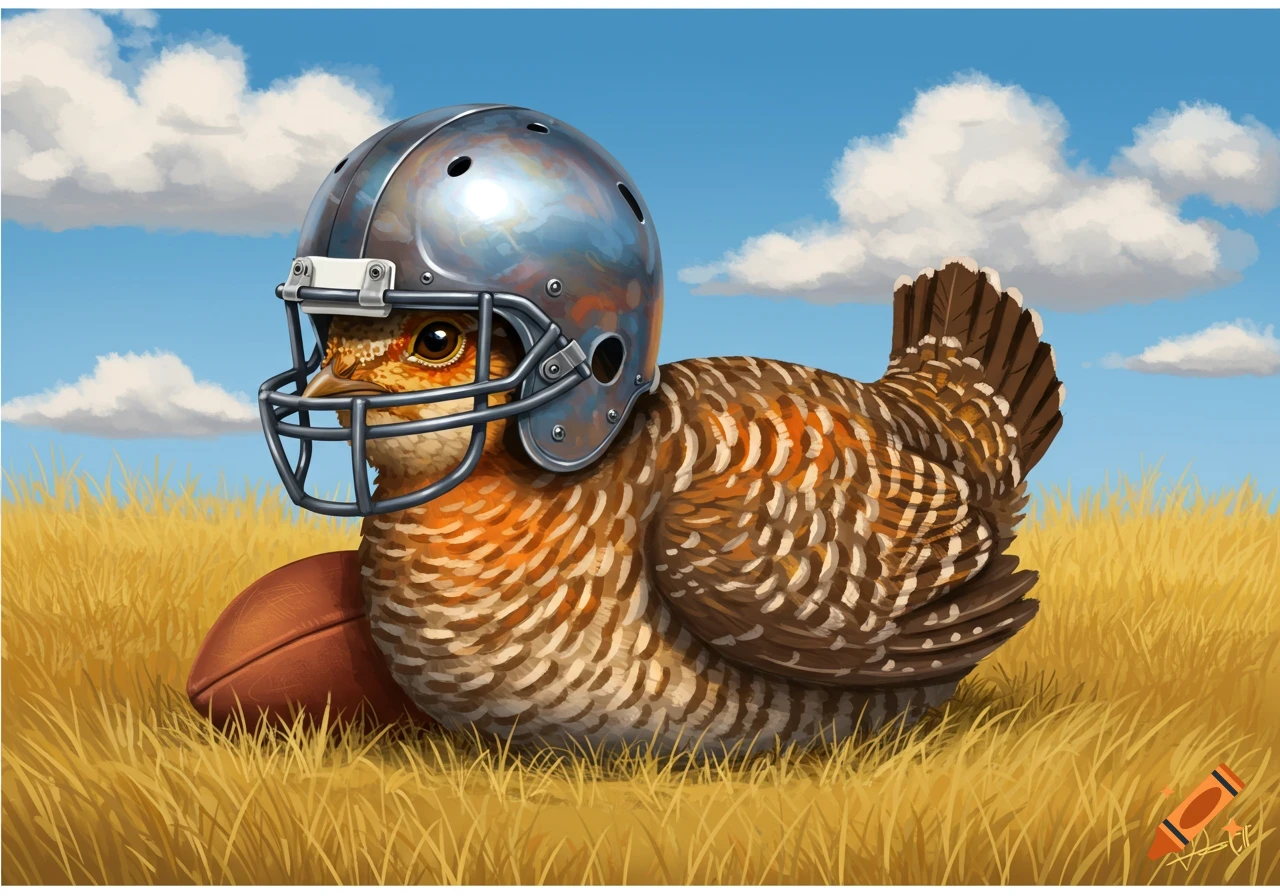 An illustration of a prairie chicken wearing a football helmet, sitting in golden grass next to a football under a blue sky.