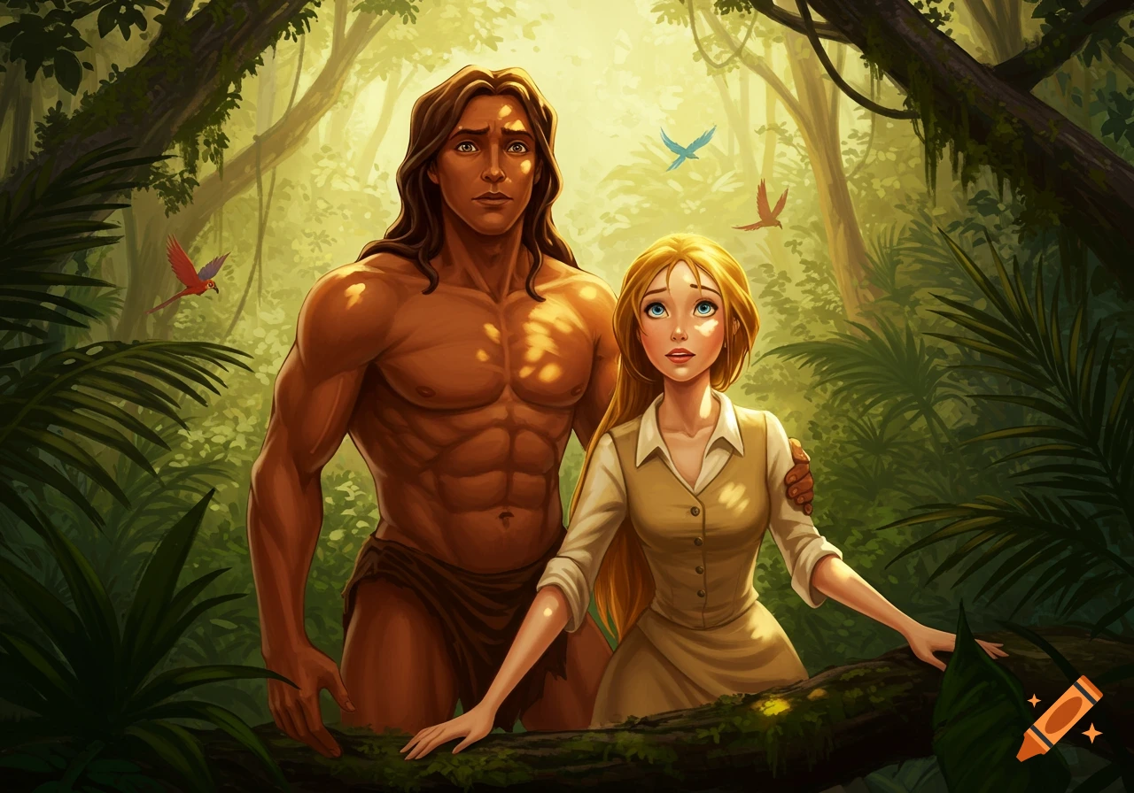 Animated Tarzan and Jane stand in a lush, sunlit jungle, Tarzan's arm around her.
