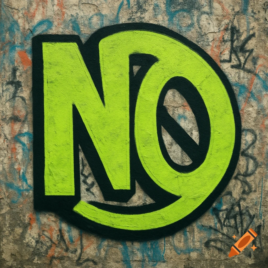 Large lime green graffiti spelling 'NO' with a slash through the O, outlined in black on a textured, multi-colored wall.