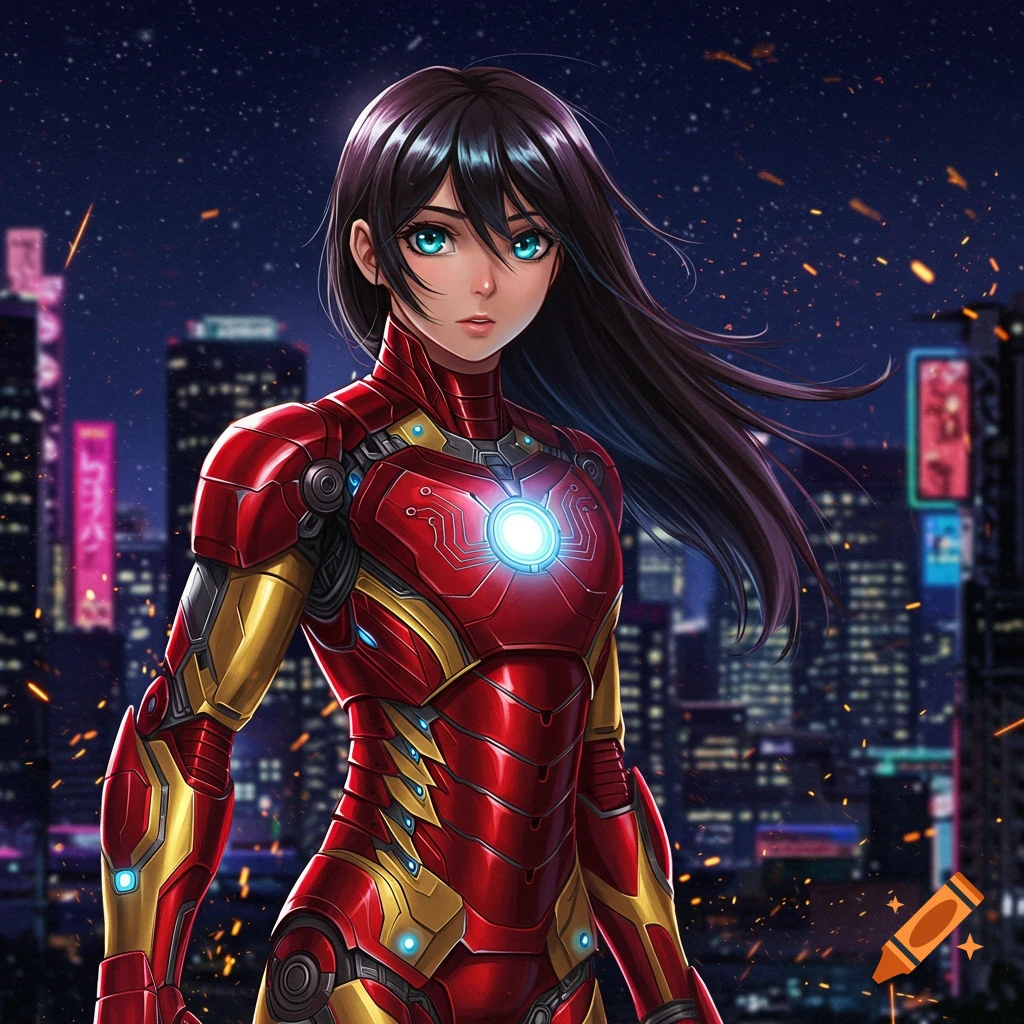 Anime girl with long dark hair and blue eyes, wearing a red and gold Iron Man suit, stands in front of a city skyline at night.