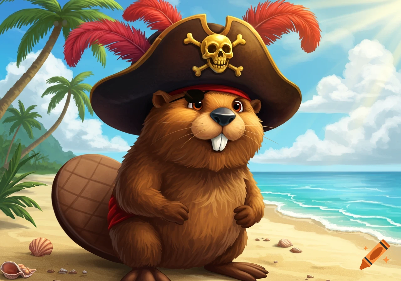 A cute, fluffy cartoon beaver wearing a pirate hat with a skull and crossbones, an eyepatch, and a red bandana, stands on a sunny tropical beach.