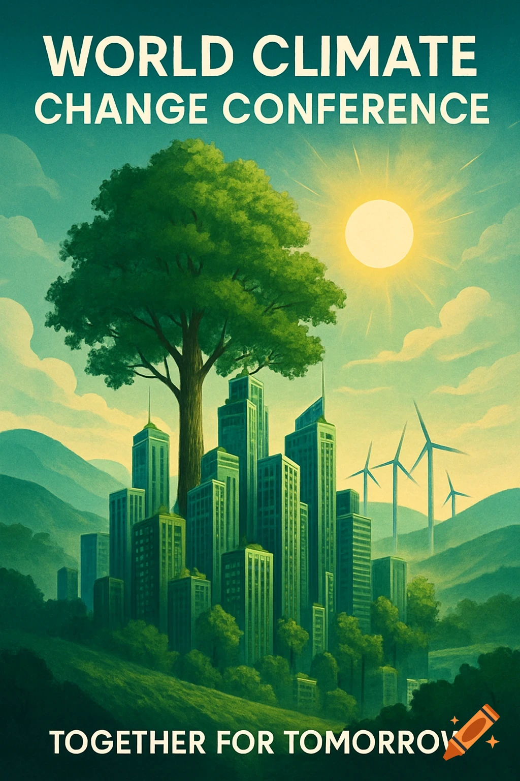 Illustrative poster: 'WORLD CLIMATE CHANGE CONFERENCE'. A large green tree emerges from green city buildings. Wind turbines, mountains, sun in the background. 'TOGETHER FOR TOMORROW'.