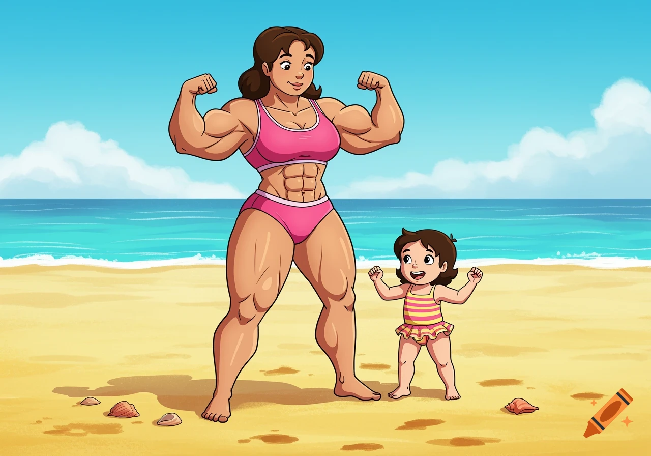 A muscular woman in a pink bikini flexing on a beach next to a small child in a striped swimsuit, both smiling. Cartoon style.