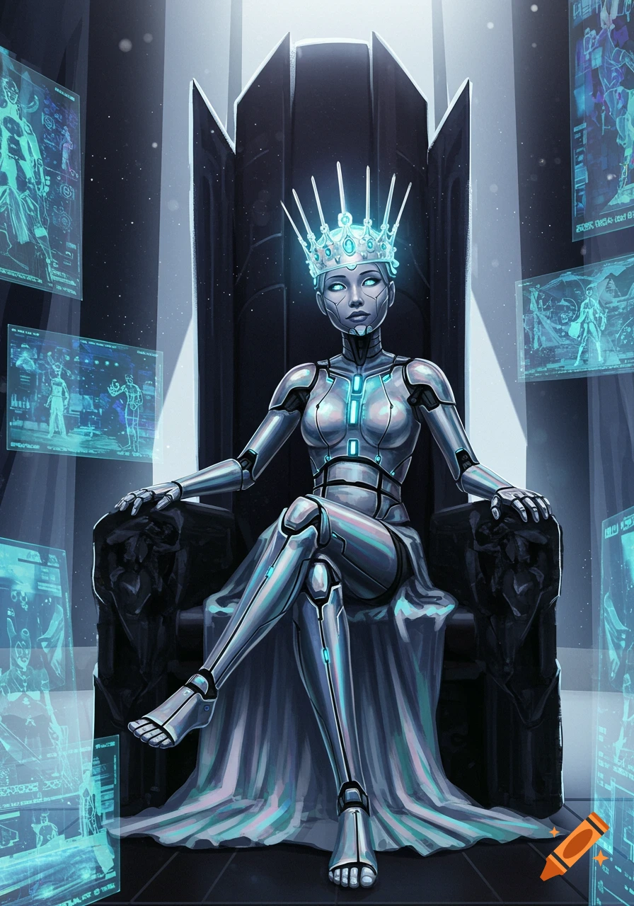 A majestic silver robot queen with a glowing crown sits on a dark throne, surrounded by futuristic holographic screens.