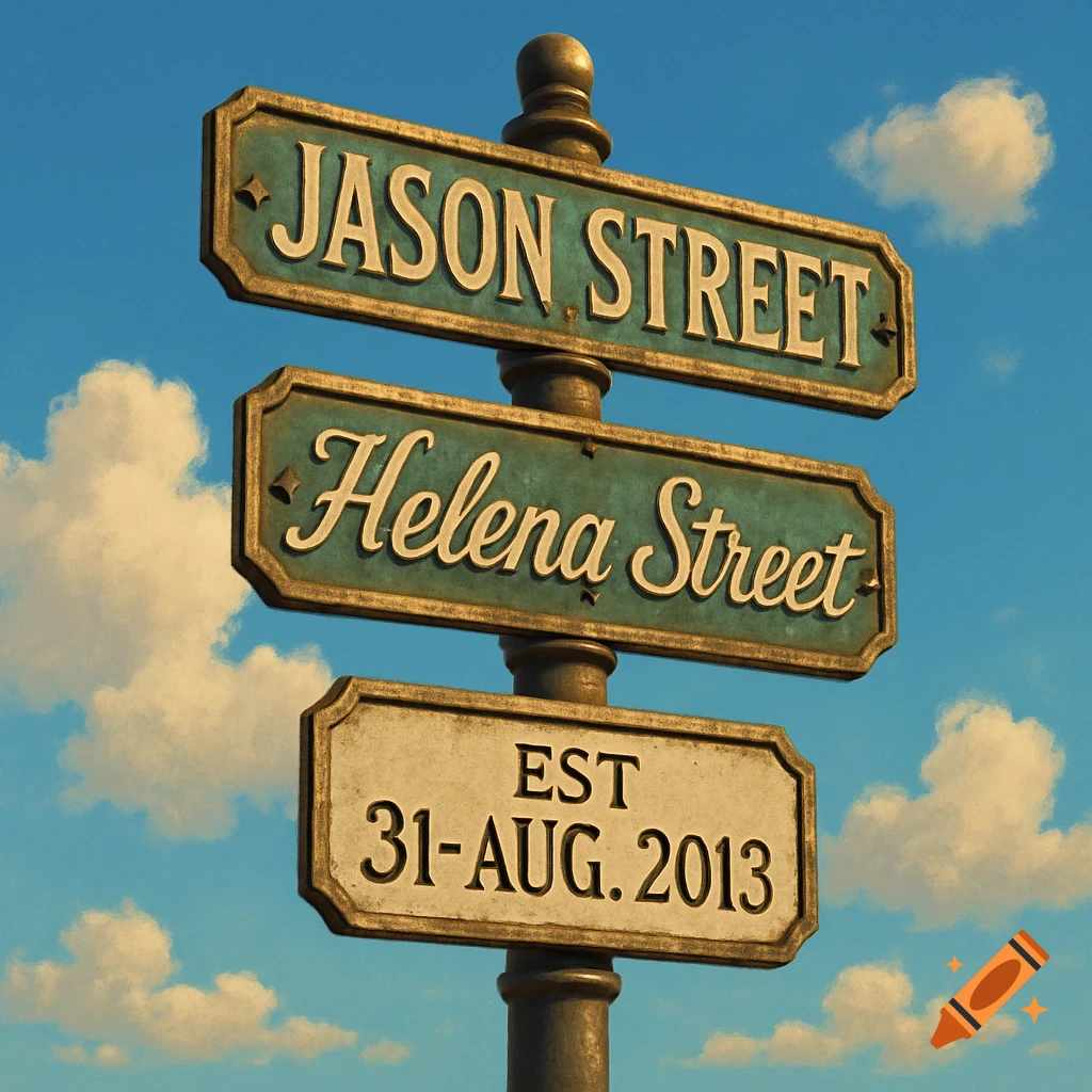 Three rustic street signs on a pole reading 'JASON STREET', 'Helena Street', and 'EST 31-AUG. 2013' against a blue sky with clouds.