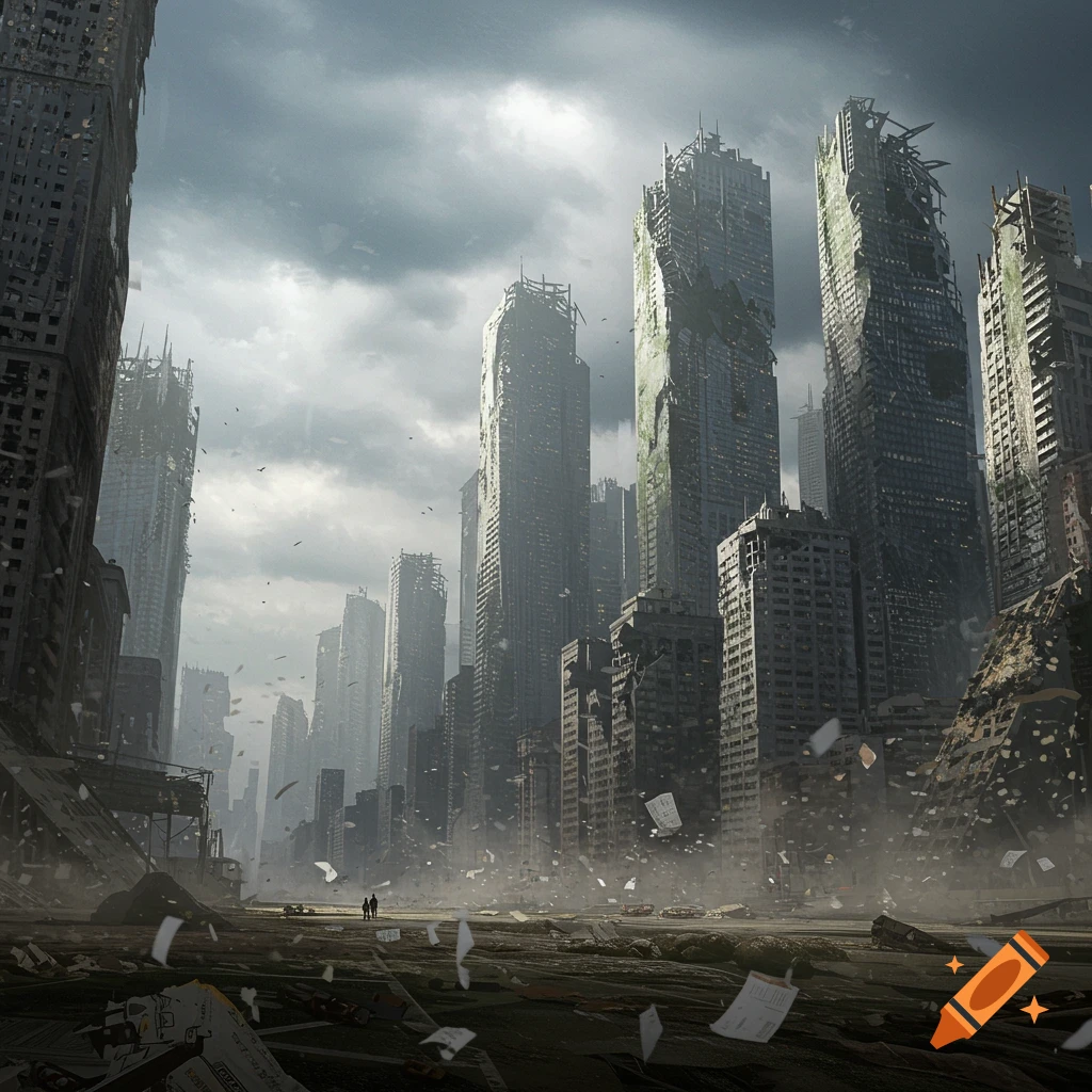 A photorealistic image of a desolate, post-apocalyptic cityscape with towering crumbling skyscrapers under a grey, cloudy sky. Debris litters the ground, and two small figures walk in the distance.