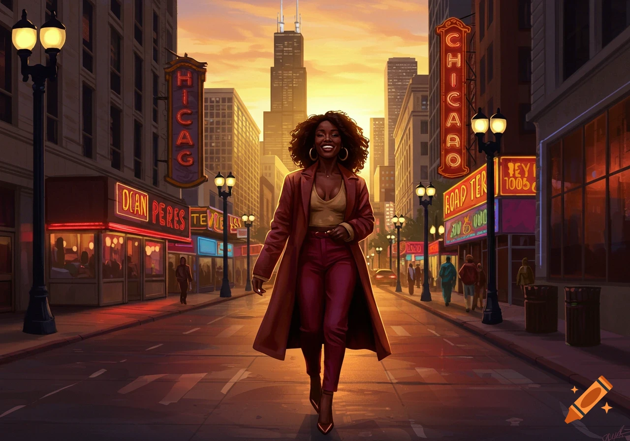 A smiling Black woman walks down a vibrant city street with neon signs and tall buildings at sunset, illustrated.