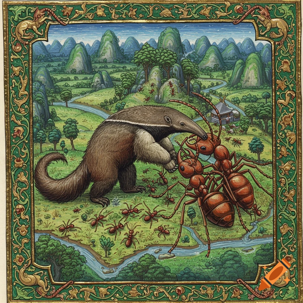 A medieval illuminated manuscript style illustration of a giant anteater battling giant red ants in a lush, mountainous landscape.