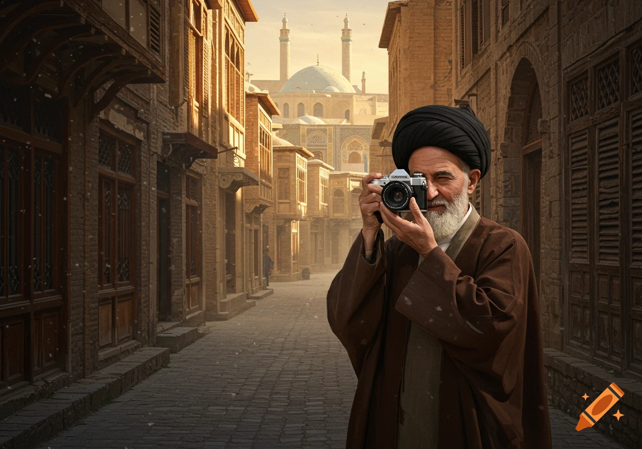 An old man in a black turban and brown robe takes a photo with a vintage camera on a cobbled street, with Middle Eastern architecture and a mosque in the background.