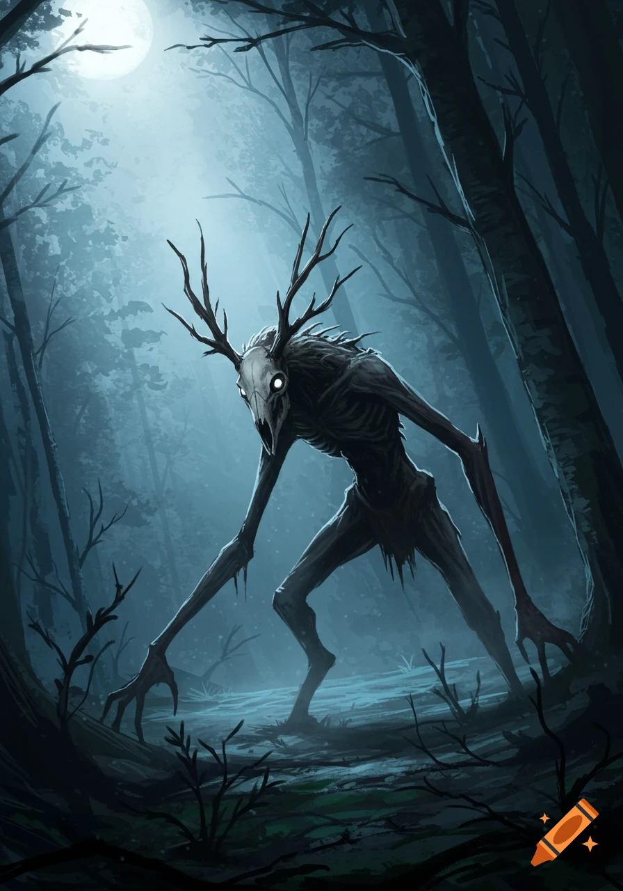 A skeletal wendigo monster with a bone skull face and antlers stands in a dark, moonlit forest, digital art style.