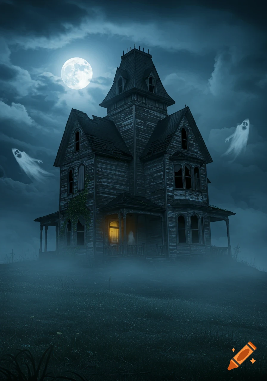 A creepy, old haunted house with a single lit window stands on a misty hill under a full moon, with two spectral ghosts floating nearby.