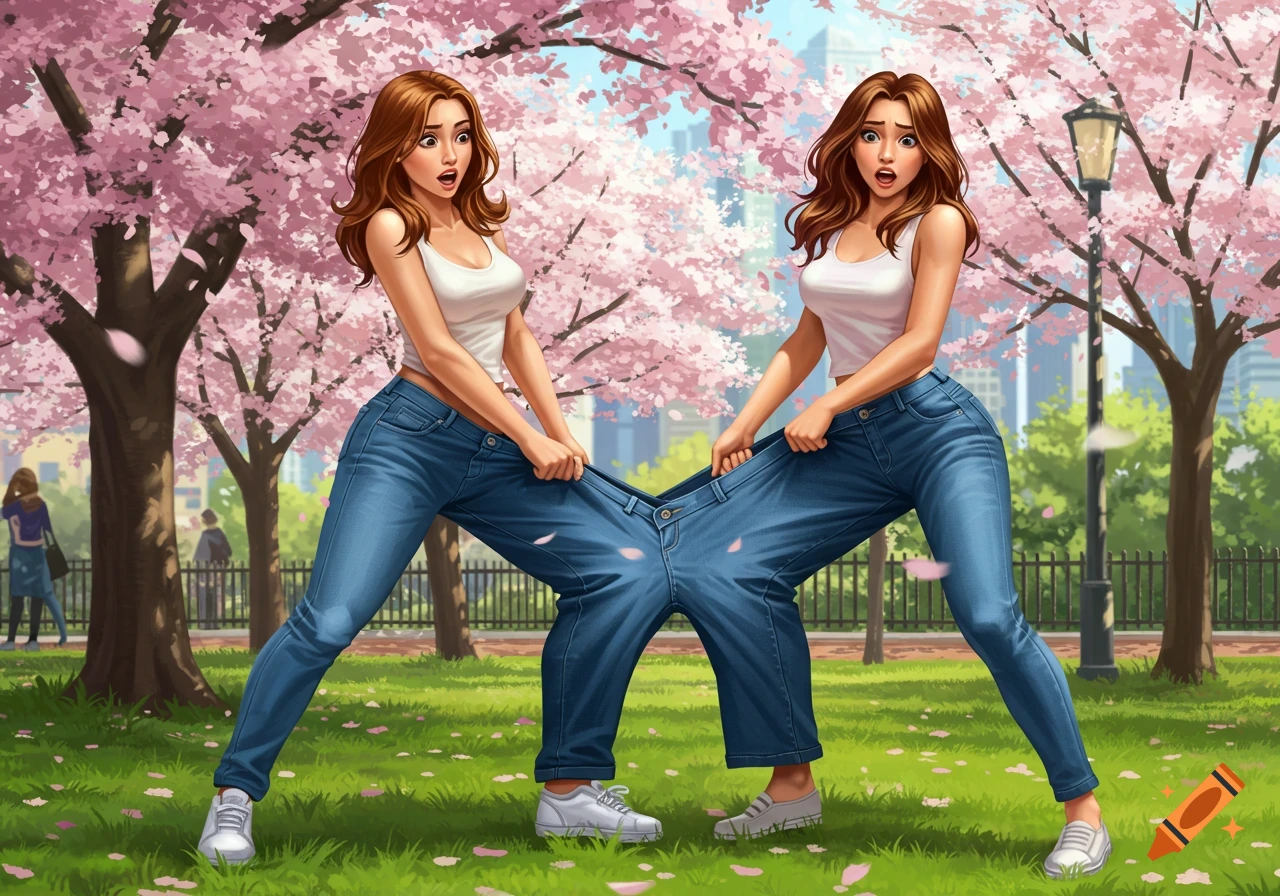 Two cartoon women in a cherry blossom park struggle to pull apart their bizarrely merged blue jeans.
