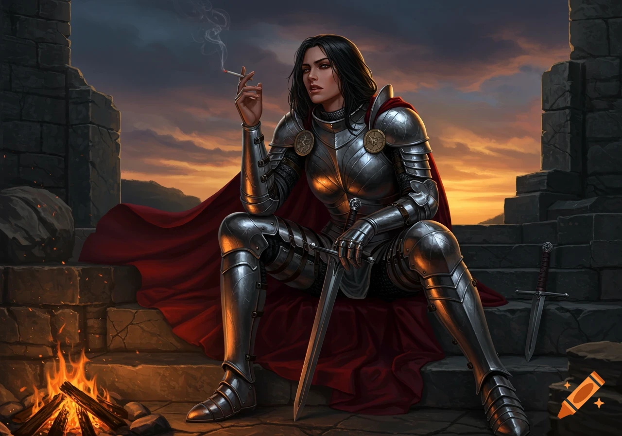 A female knight in shining silver armor and a red cape sits by a campfire in ruins at sunset, holding a cigarette and a sword.
