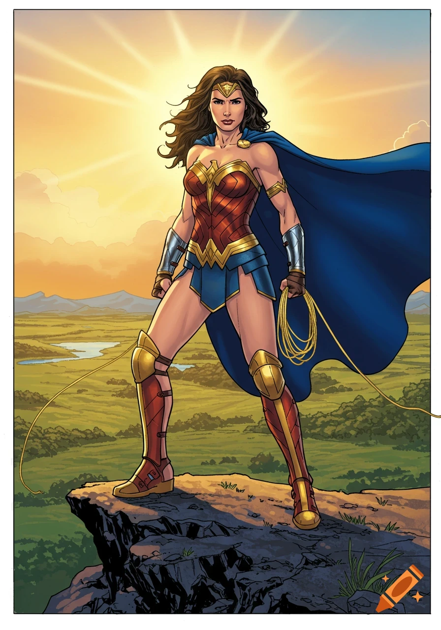 Wonder Woman in her classic costume, holding her lasso, stands on a cliff overlooking a vibrant green landscape with a bright sun in the background, in a comic art style.