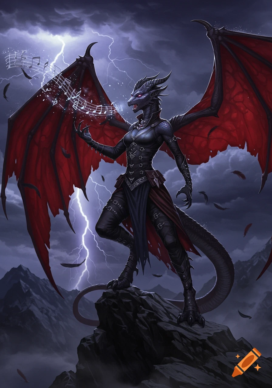 A black dragonborn in gothic attire sings on a stormy mountain with lightning, musical notes float around her.
