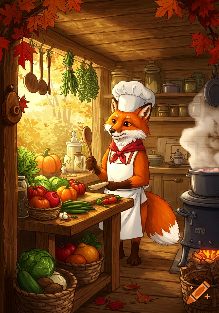 A cartoon fox chef in a cozy, rustic kitchen cooking, surrounded by fresh vegetables and autumn leaves.