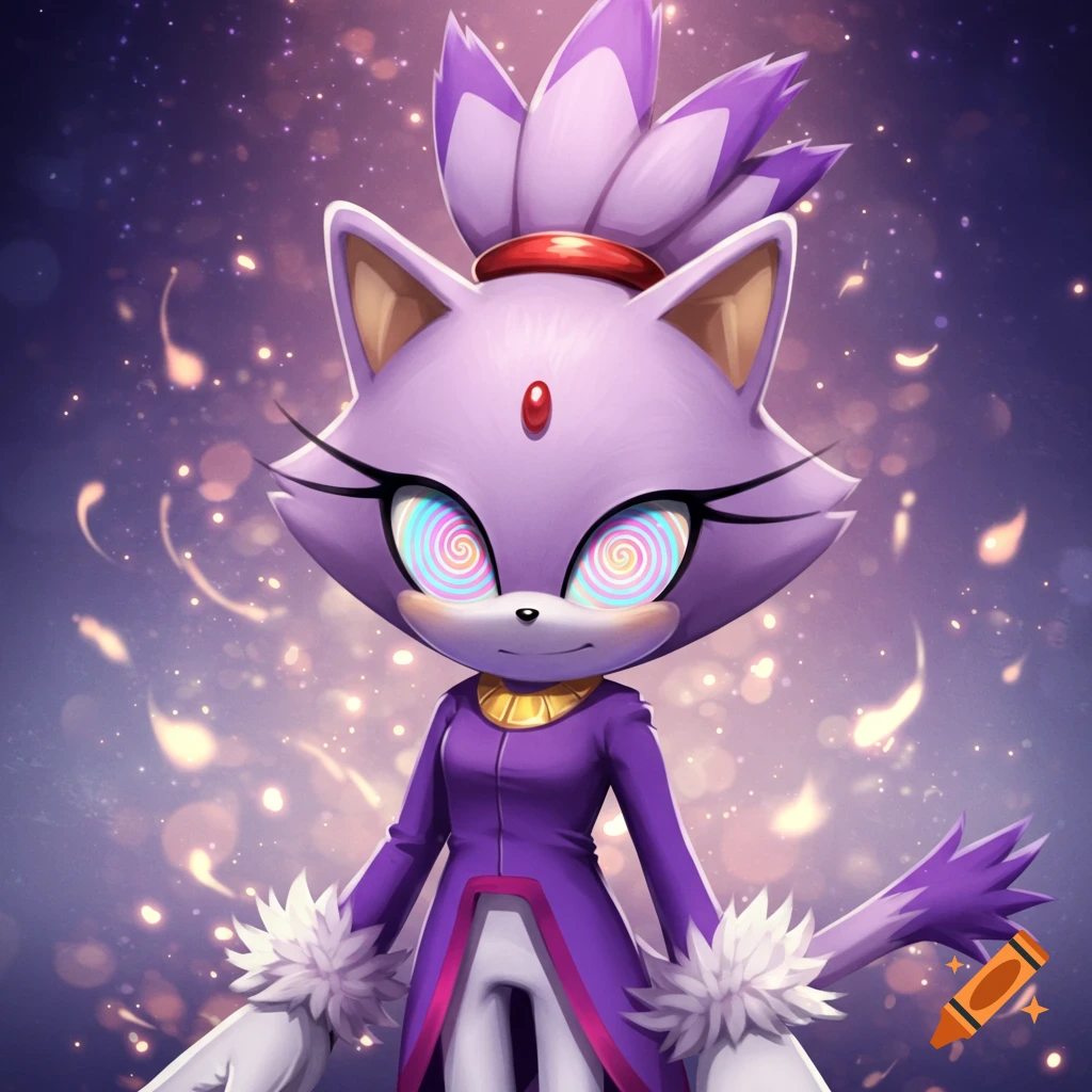 Close-up of Blaze the Cat with spiral hypnotic eyes, smiling gently, in a purple outfit against a dreamy, sparkling background.