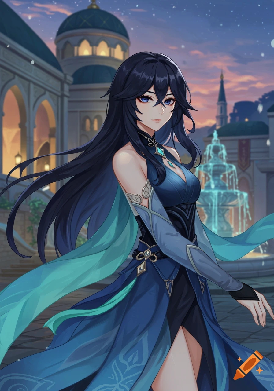 Anime woman with long black hair, blue eyes, in a flowing blue and teal dress, standing in a fantasy city at sunset.