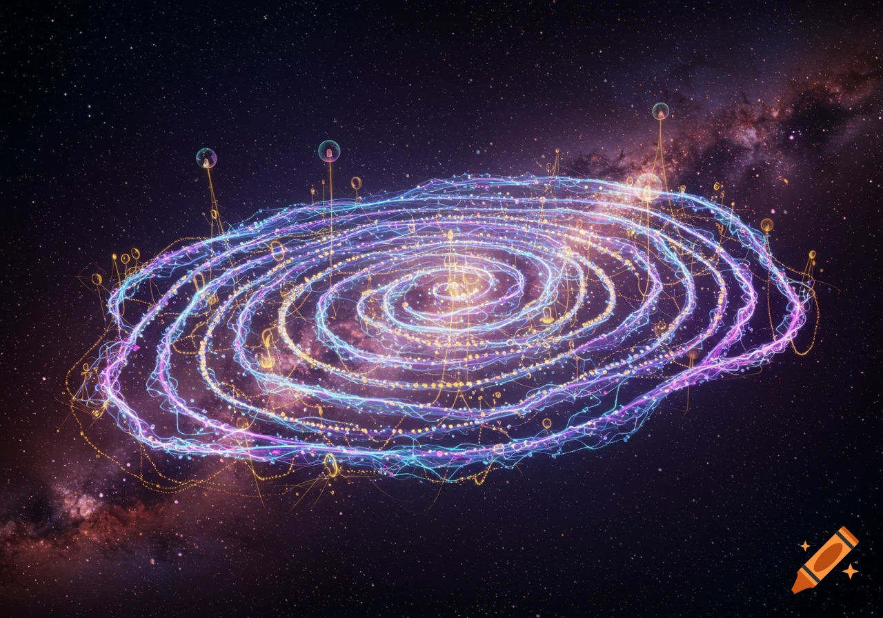 A vibrant, glowing spiral network of blue, purple, and yellow lines and dots in deep space, resembling a digital galaxy.