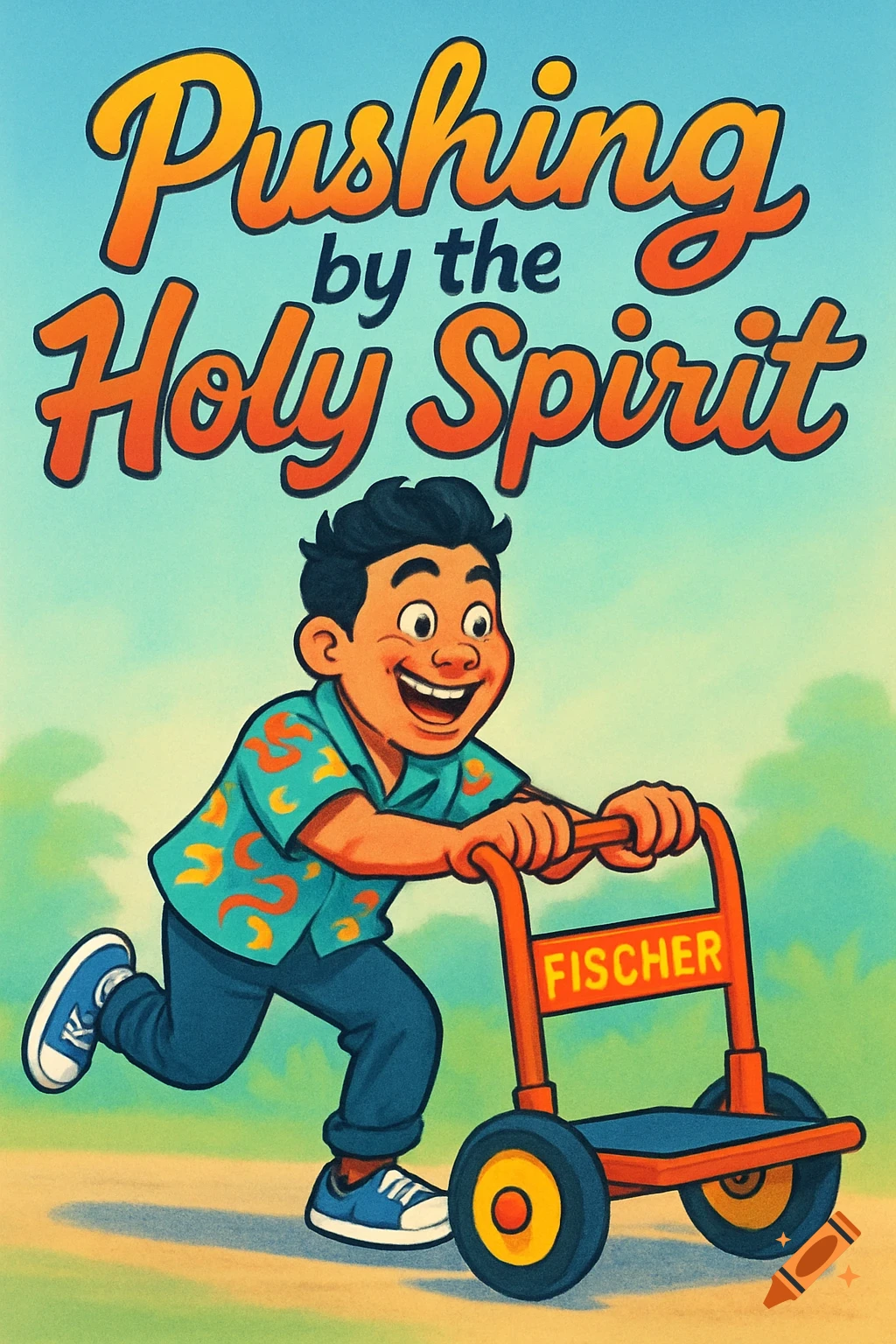 A smiling cartoon boy in a teal shirt pushes an orange toy dolly labeled 'FISCHER'. Text above reads 'Pushing by the Holy Spirit'.