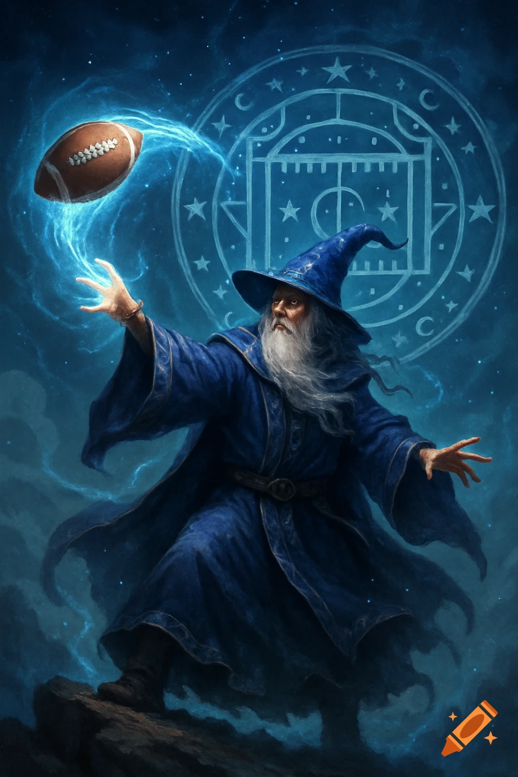 A wizard in a blue robe and hat conjures an American football with glowing blue magic against a starry, dark blue sky and a magical symbol.