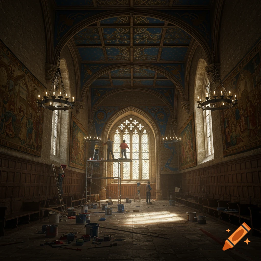 Photorealistic image of decorators working in a grand, medieval hall with high ceilings, arched windows, and detailed tapestries.