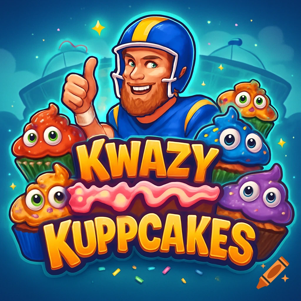 Cartoon logo for 'Kwazy Kuppcakes' mobile game featuring a smiling football player in a blue helmet giving a thumbs up, surrounded by anthropomorphic cupcakes.