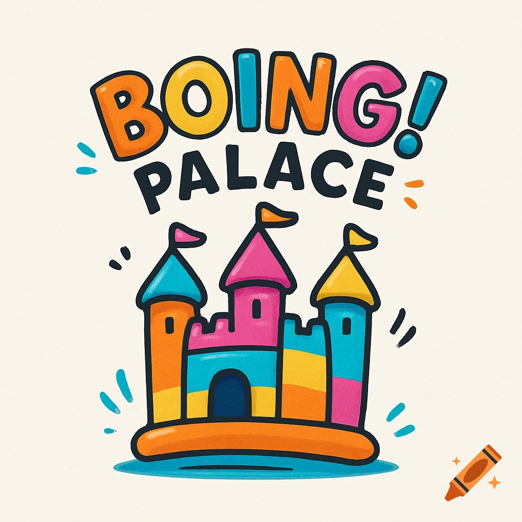 A colorful, cartoon-style logo for 'Boing! Palace' featuring a bouncy castle.