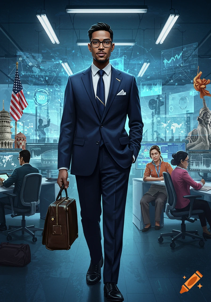 A confident man in a dark suit holds a briefcase, walking through a high-tech office with holographic screens displaying global data and other professionals working.