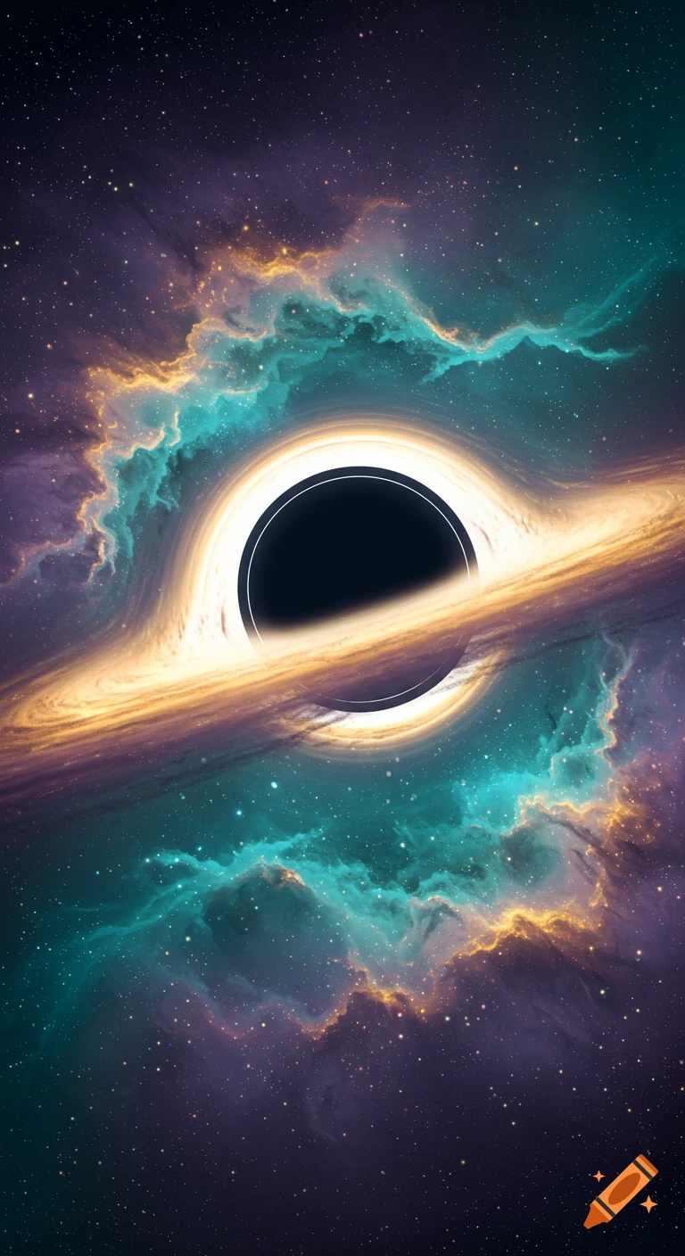 A vibrant cosmic scene with a black hole surrounded by a golden accretion disk and swirling teal and purple nebulae.
