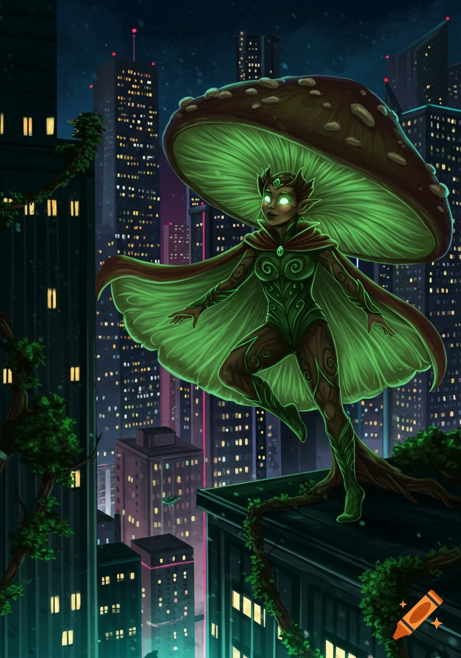 A mushroom-themed superhero girl with glowing green eyes and a green cape stands on a city rooftop at night.