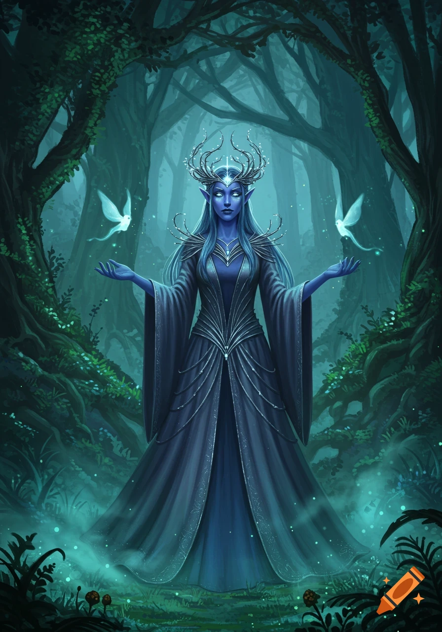 Blue-skinned elf queen with an antler crown stands in an enchanted forest, with glowing white birds near her hands, in a fantasy digital painting.