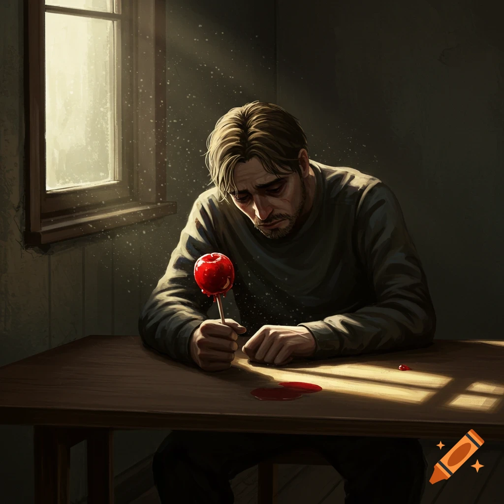 A sad man with disheveled hair sits at a wooden table, looking down at a red candy apple with a red liquid spill, illuminated by window light. Illustrative style.
